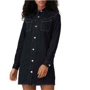 GANNI Black Denim Western Shirt Dress Long Sleeve Button Up Nashville Sz 4